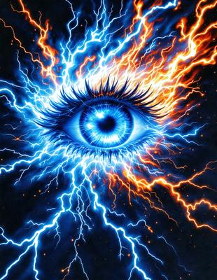 The primary subject of the image is a close-up of a blue eye with a yellow iris. The eye is surrounded by a vibrant blue background, which adds to the overall atmosphere of the image. The visual style of the image is digital art, as it appears to be a computer-generated or digitally edited image. The colors and mood of the image are dynamic and energetic, with the blue eye and yellow iris standing out against the bright blue background.